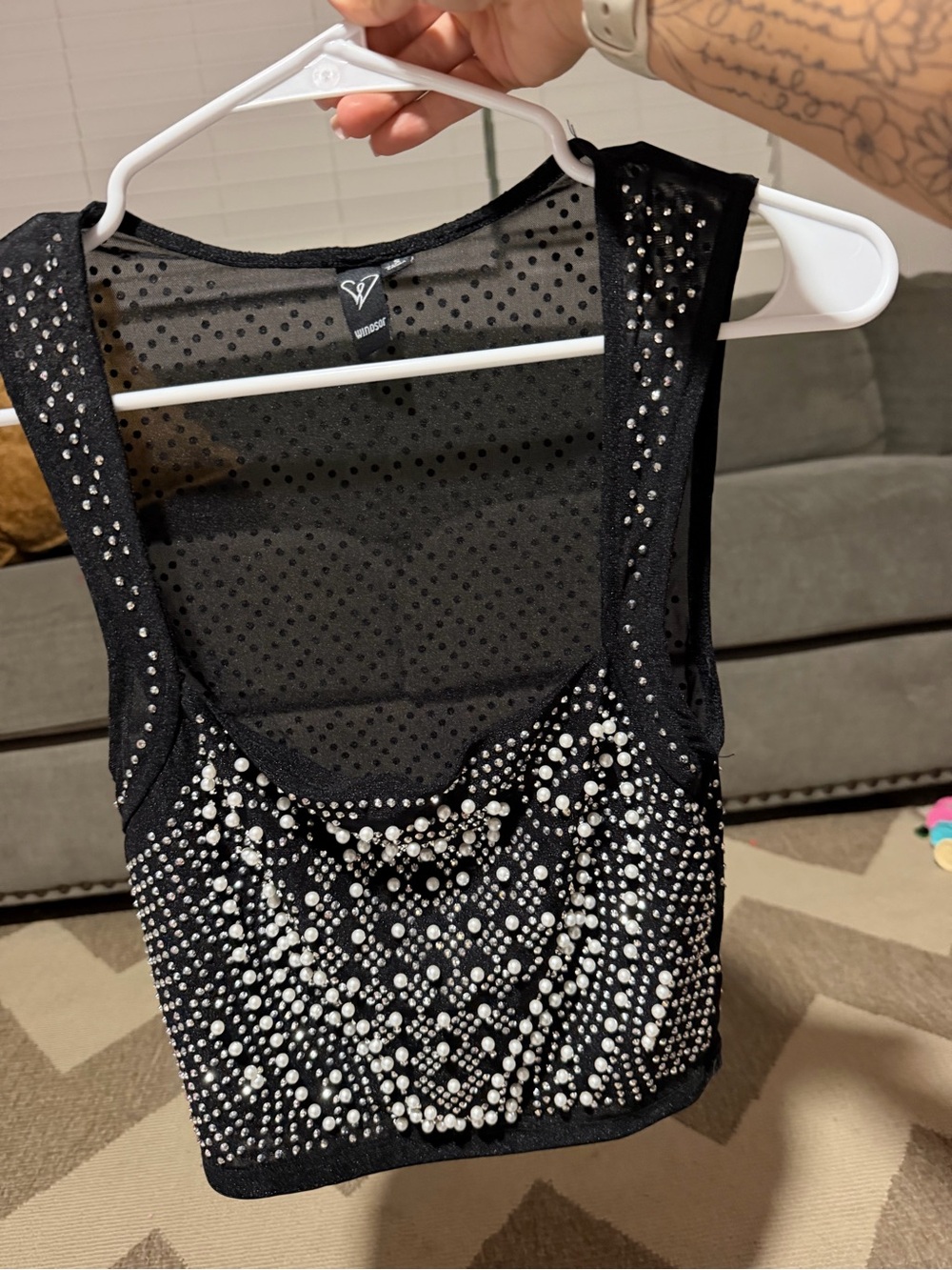 Windsor Black Pearl & Rhinestone Embellished Mesh Crop Top
